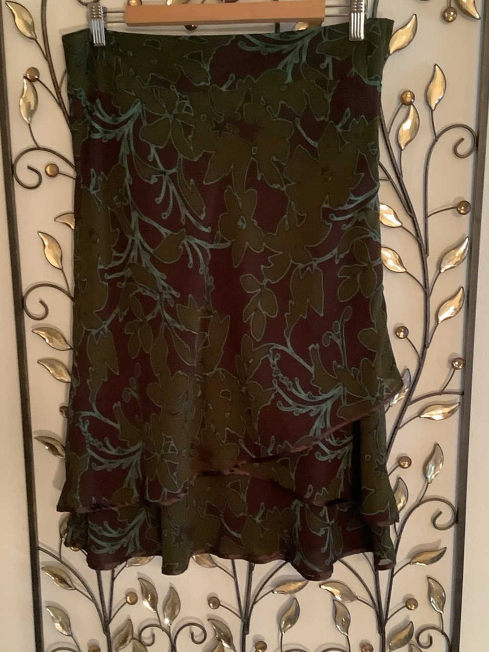 Transitional H&M Olive and Teal Asymmetrical Floral Overlay Skirt
